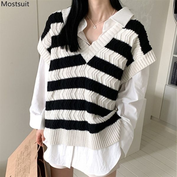 

spring casual loose striped knitted tank women long thick v-neck fashion vest korean ropa mujer verano 210514, Black;white