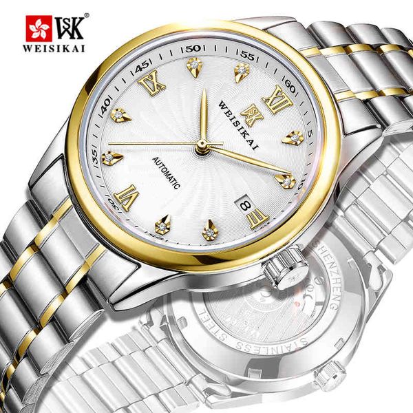 

luminous wristwatchwithdiamond tainless couple steelmechanical hand wind watch men automatic retro men's luxury watches, Slivery;brown