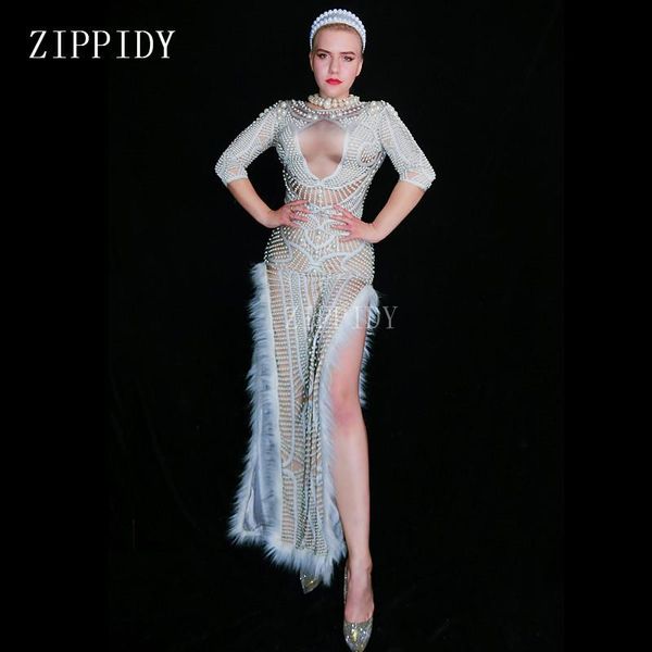 

casual dresses luxury glisten pearls rhinestones dress flashing party crystals dance feather outfit stage costume celebrate white, Black;gray