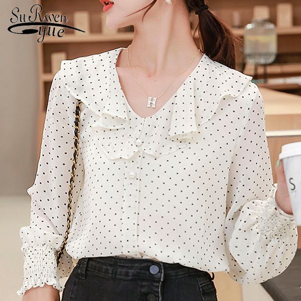 

autumn fairy wave point print ruffled collar beading blouses long sleeve chiffon shirt women clothing 6698 50 210518, White