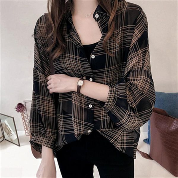 

women's blouses & shirts plaid womens and long sleeve female casual print loose cotton checked lady turn-down collar coat, White
