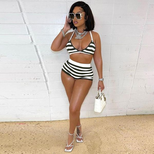 

women's tracksuits black white striped print two piece bikini set summer outfits for women spaghetti strap bra and beachwear short swim, Gray