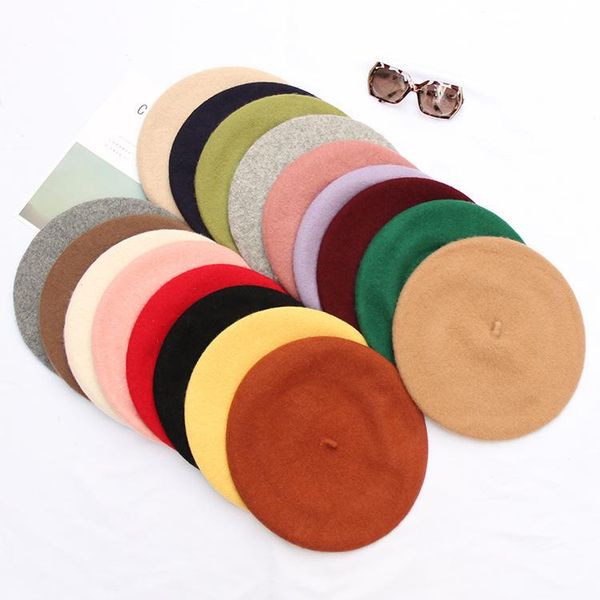 

beanies autumn winter women solid color light board woolen beret retro simple painter cap
