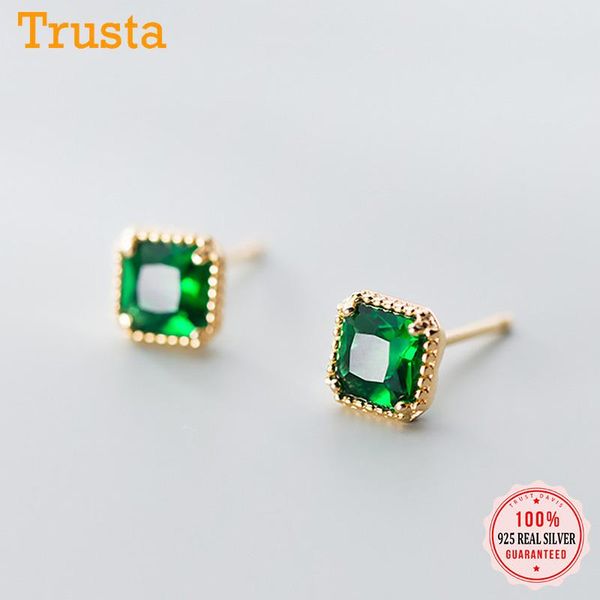 

trustdavis real minimalist 925 sterling silver geometric square green cz stud earrings for sweet women fine s925 jewelry da1622, Golden;silver