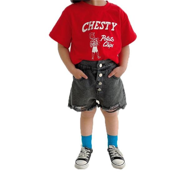 

arrival korea girls summer high waist holes short denim jeans kids stretch ripped buttons shorts baby trousers pants, Black