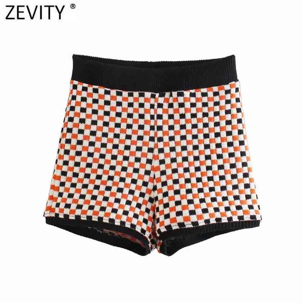 

zevity women vintage contrast color plaid pattern knitting shorts ladies streetwear chic casual slim pantalone cortos p1001 210419, White;black