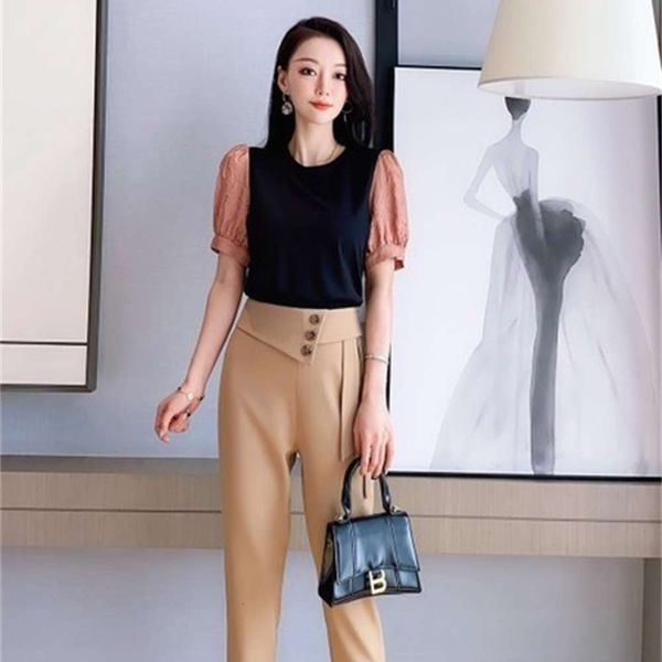 

women's 2021 spring and summer new black tencel roman stitched sleeve + yellow lace up pants, Black;white