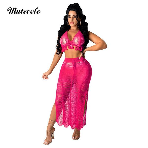 

women's swimwear mutevole women crochet knitted swimsuit cover up skirt fringe tassel bra summer two piece set hollow out see though be, White;black