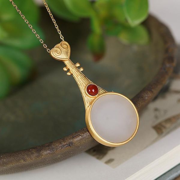 

chains ancient gold craftsmanship inlaid hetian jade musical instrument pipa necklace pendant retro exquisite ladies jewelry, Silver