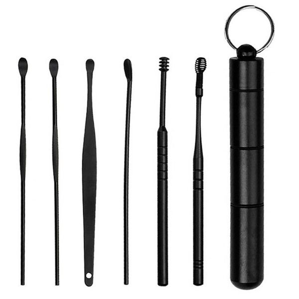

6pcs stainless steel earpick set ear wax curette remover spring spiral cleaning spoons with waterproof keychain box