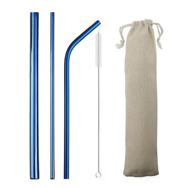 

drinking straws 10sets/50pcs noble blue reusable 304 stainless steel metal straw milk tea with cleaning brush bag