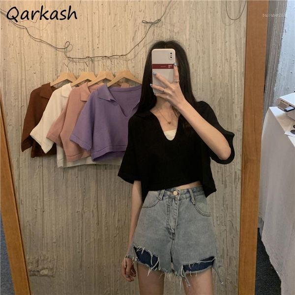 

women's t-shirt t-shirts women summer collection ins turn down collar feminino stylish chic knitted ulzzang college student all-match, White