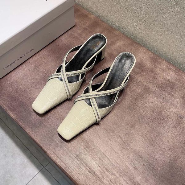 

shoes woman leather slippers square toes high heels crystal decora slip-ons zapatos de mujer1, Black