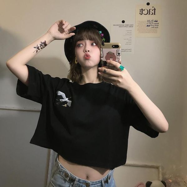 

women's t-shirt women embroidery crop korean style t shirt short sleeve tshirt harajuku ulzzang tee clothes aesthetic graphic cropt, White
