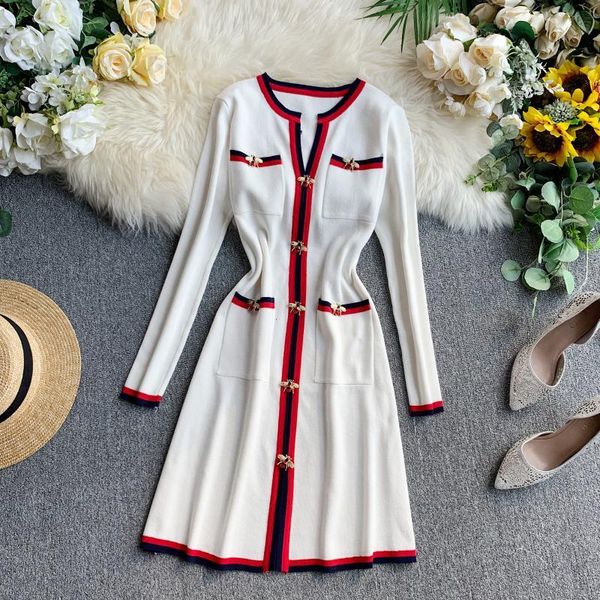 

casual dresses autumn winter women's fashion knitted dress contrast colour striped ladies pullovers bee buttons sweater vestdios, Black;gray