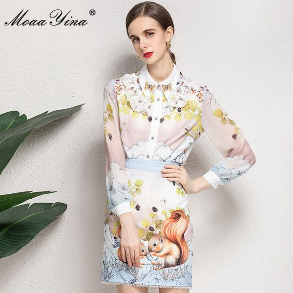 

summer printing skirts sets women's long sleeve single-breasted blouse and slim mini two piece suit 210524, White