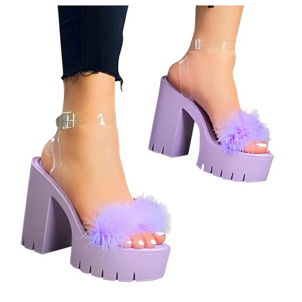 

high heels sandals women 2021 summer furry shoes platform buckle strap open toe sandalias mujer, Black