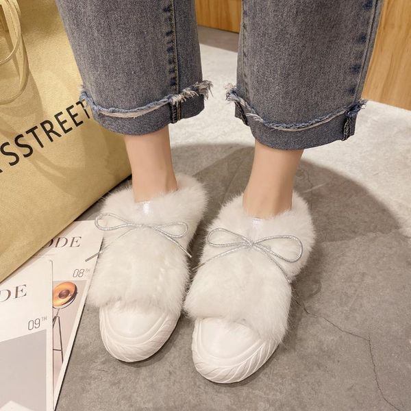 

slippers keep warm moccasins ladies shoes woman bow knot slip on flats female fashion women fur loafers plush winter boat shoe, Black