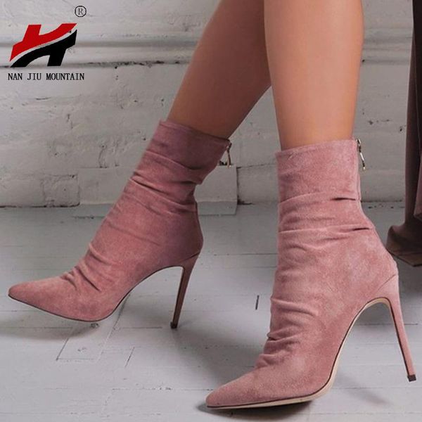 

boots nan jiu mountain 2021 autumn and winter fashion pointed high heel women's shoes ankle back zipper suede plus size, Black