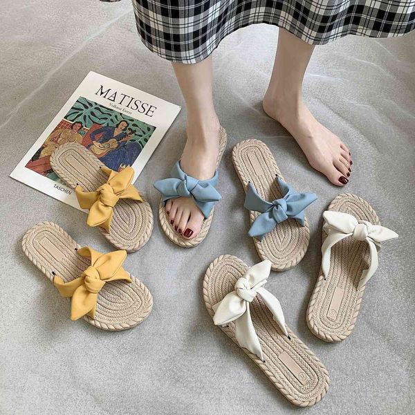 

sandals women cute bow linen slippers ladies home indoor comfortable flat shoes woman house slides female rkia, Black