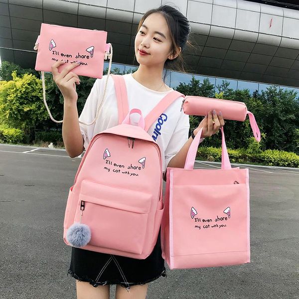 

backpack 2021 korean printing casual ladies cute female middle school student schoolbag four-piece