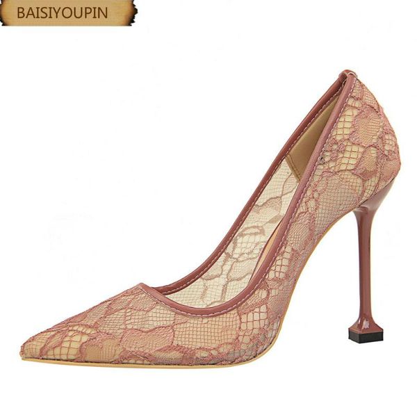 

dress shoes 2021 fashion nightclub lace hollow mesh shallow mouth high heels women's singles womens single, Black