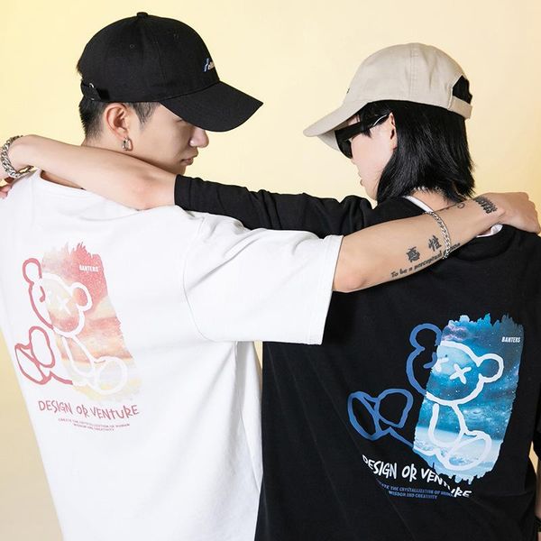 

summer lovers fashion t-shirt men's bear cartoon sports street printed short sleeve t-shirts, White;black