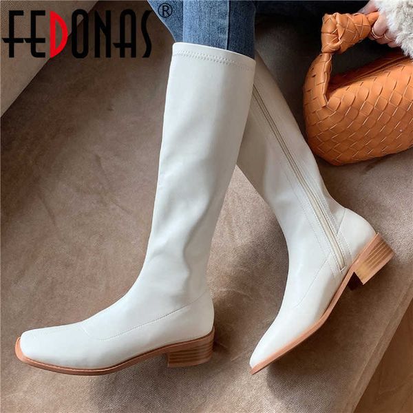 

square toe knee high boots for women wide leg side zipper thick heels shoes office lady slim long woman 210528, Black