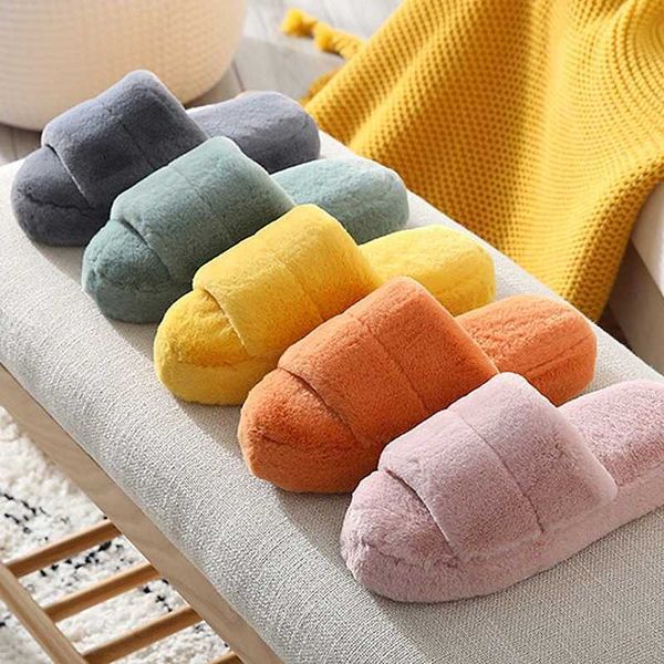 

2021 fluffy house slippers women cozy faux fur flip flops open toe slippers for women soft slippers house floor platform shoes y0804, Black