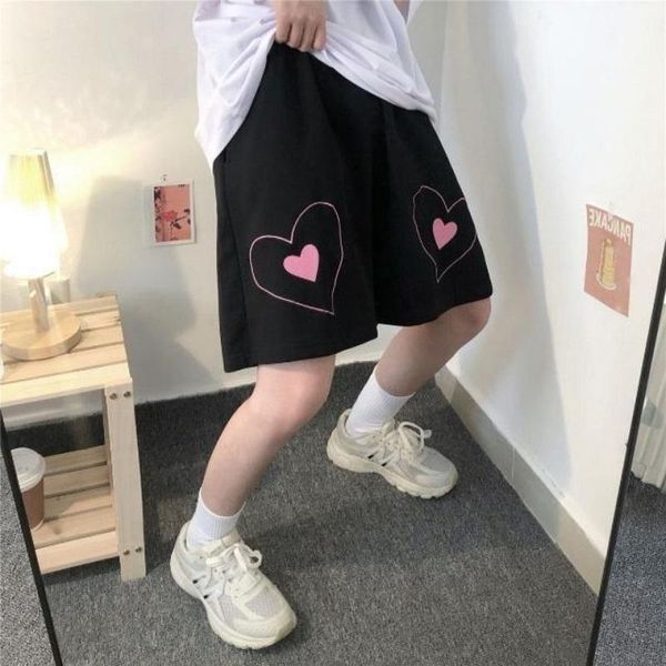 

women's shorts korean pink heart-shaped print high waist stretch loose casual sports pants summer harajuku style retro, White;black