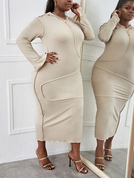 

sxy plus stitch trim hooded bodycon dress l4vw#, Black