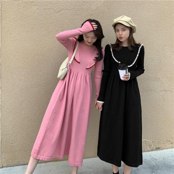 

autumn winter knit long dress sweet woman cute ruffles full sleeve slim bodycon robe sweater dresses women party casual, Black;gray