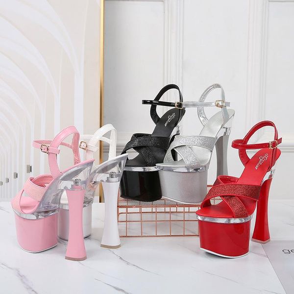 

transparent super high heel thick summer female waterproof platform sequin fairy sandals lfd, Black