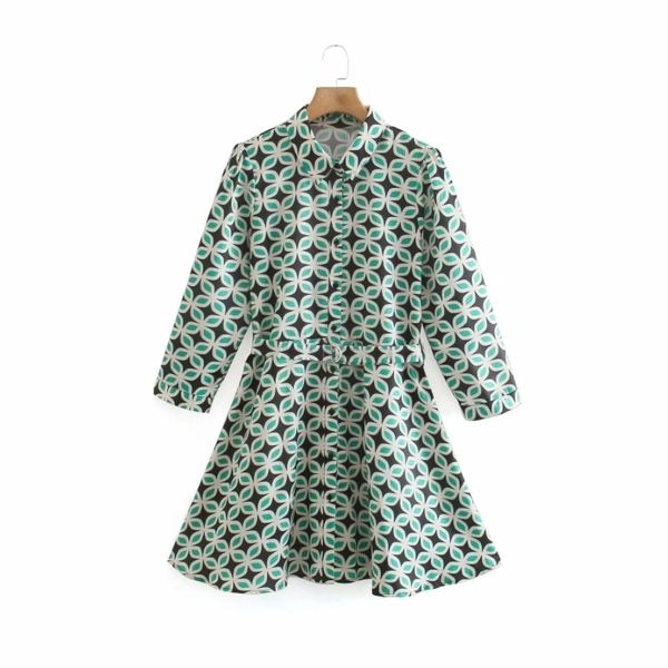 

summer women geometric printing sashes mini shirt dress female nine quarter sleeve clothes casual lady loose vestido d7606 210430, Black;gray