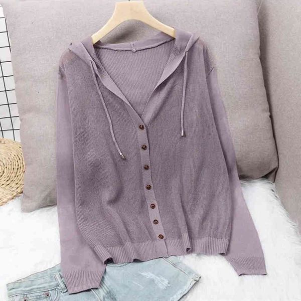 

women's leather & faux loose knitted hooded cardigans for women summer thin long seeve sunscreen shirt single breasted solid knitw, Black