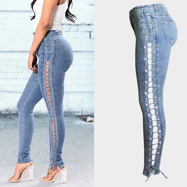 

women's jeans liberjog women plus size blue slim stretch side hollow-out lace up casual cotton denim pencil pants skinny trousers