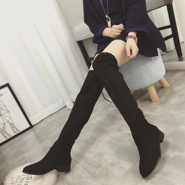 

boots europe and the united states pepper elastic knee-high flat thin leg women's high-heeled shoes, Black