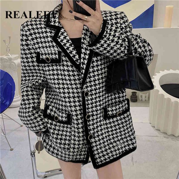 

women's jacket long sleeve casual fashion turn down collar houndstooth oversized woolen coat female 210428, Black