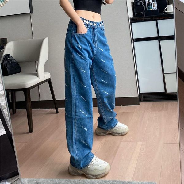 

spring/summer slouching and high waisted wide-leg pants insta po of alphabet print jeans women's, Blue