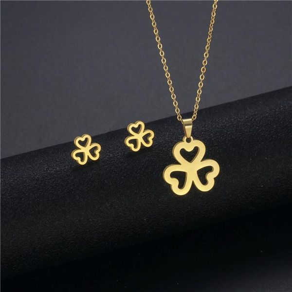 

stainless steel hollow joined connect three tone heart lucky clover grass pendant chain necklace sets choker for women jewelry necklaces, Silver
