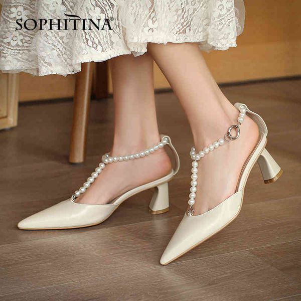 SOPHITINA Koreanische Luxus Damenschuhe Perle Schnalle Spitzschuh Handgemachte Schuhe Einfarbige Seite Leere Party Weibliche Sandalen AO573 210513