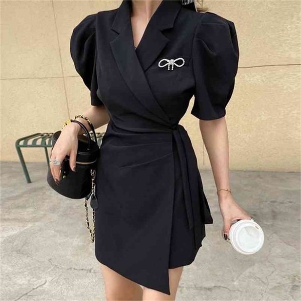 

women summer notched collar office ladies irregular dress elegant ruched casual puff sleeve fashion bow mini 210519, Black;gray