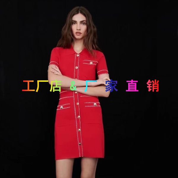 

dsigners fadan  family spring and summer small fragrance polo lapel short sleeve knitted dress shows thin aline skirt, White;black