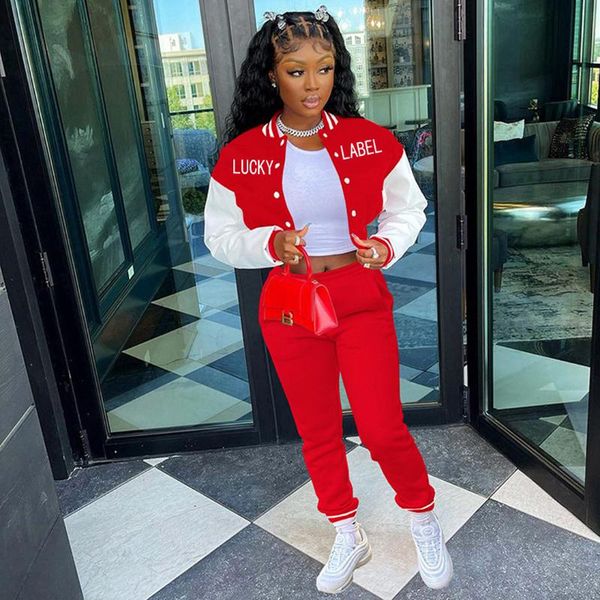 

women's two piece pants solid color stitching threaded letter printing pocket baseball uniform long casual sports two-piece suit, White