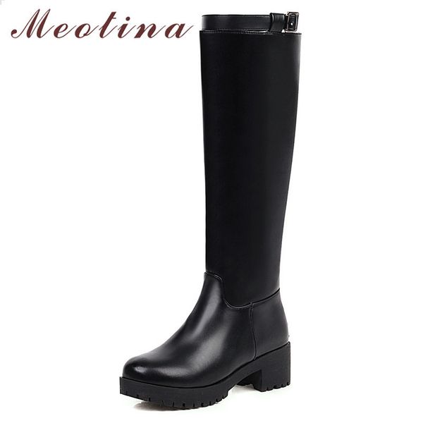 

winter knee high boots women zipper thick heels riding buckle round toe shoes lady autumn big size 34-43 210517, Black