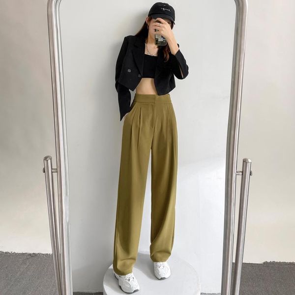 

women's pants & capris women high waist loose straight 2021 autumn wide leg trousers female solid casual office lady fashion avocado gr, Black;white
