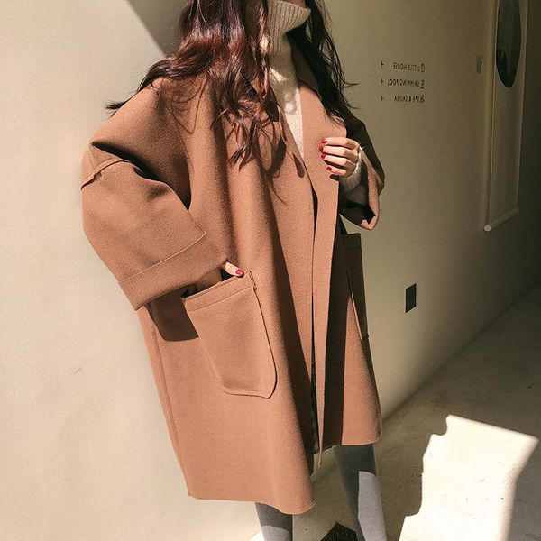 

oversize coat female autumn women wool big pocket woman's camel ladies long casual loose plus size black