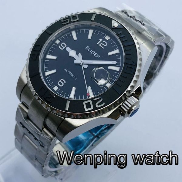 

new bliger 4m mechanical watch sier case sapphire glass ceramic tablecloth black ironing board waterproof automatic, Slivery;brown
