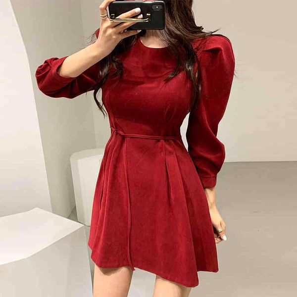 

sweet christmas dress ins fashion chic round neck puff sleeve spring pleated female short velvet dresses tide, Black;gray