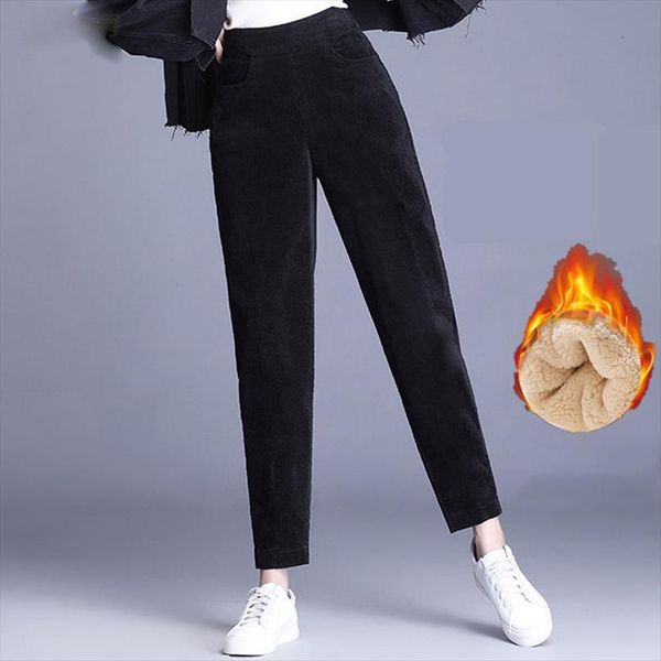 

thick plush corduroy coat womens pant casual warm autumn and winter trousers high waist harem, Black;white